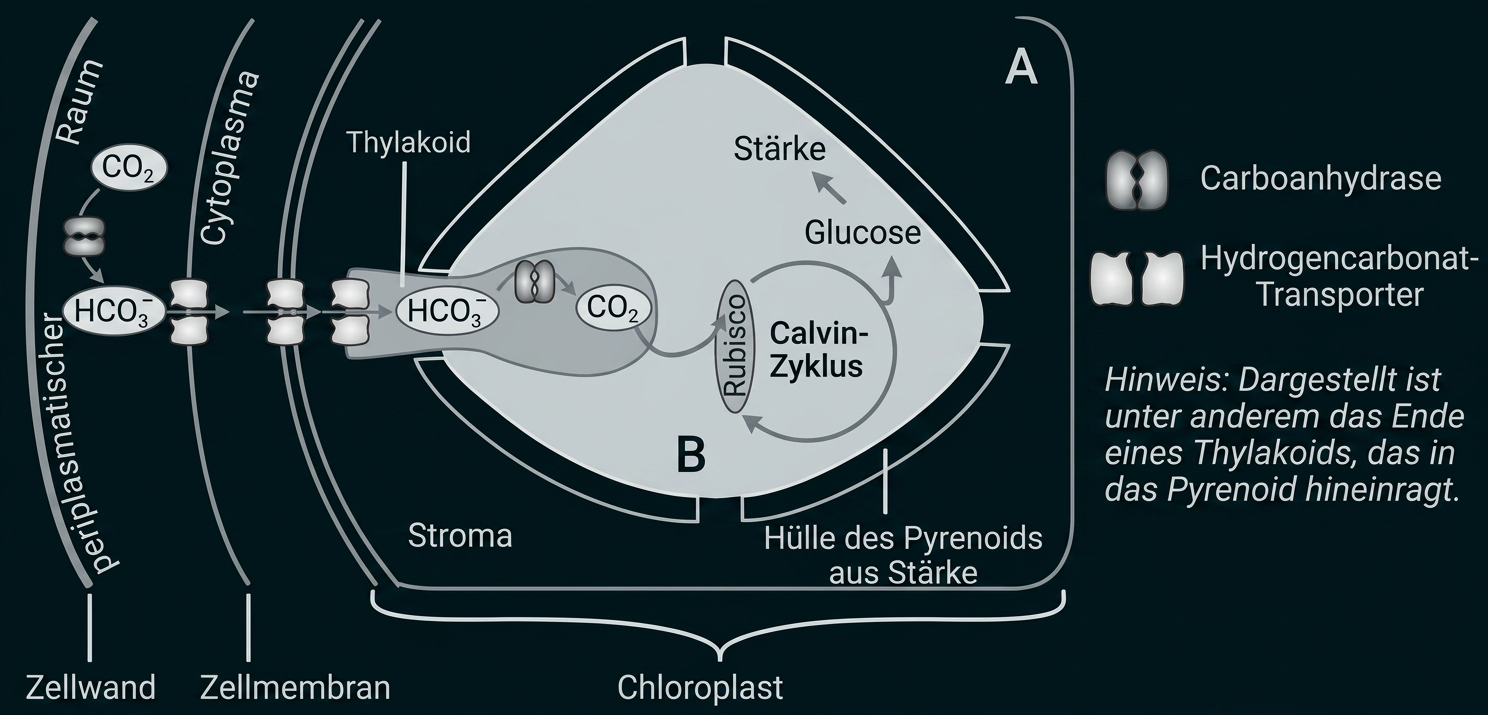 Schema des CO₂-Transports und Calvin-Zyklus im Chloroplasten eines Cyanobakteriums.